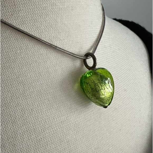 Vintage Y2K Murano Heart Glass & Sterling Silver Lime Green Necklace Pendant - Picture 14 of 17